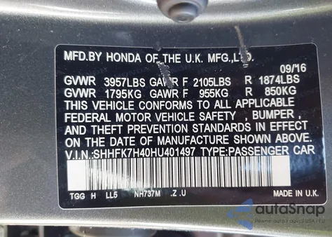 2017 Honda Civic Sport z USA, uszkodzony, nr VIN SHHFK7H40HU401497